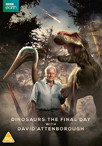 David Attenborough standing in a forest with a dinosaur and pterosaur under a meteor.
