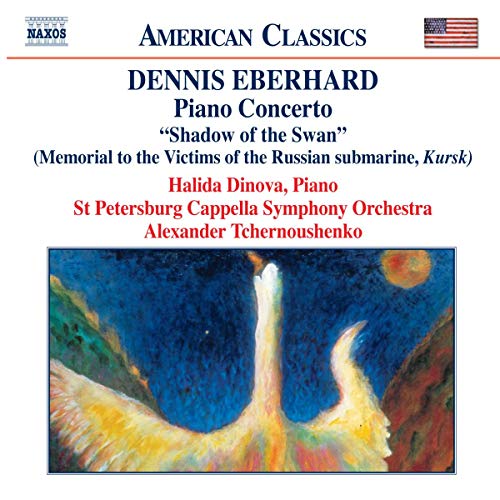 CD cover: painting of a white swan and piano in blue water.