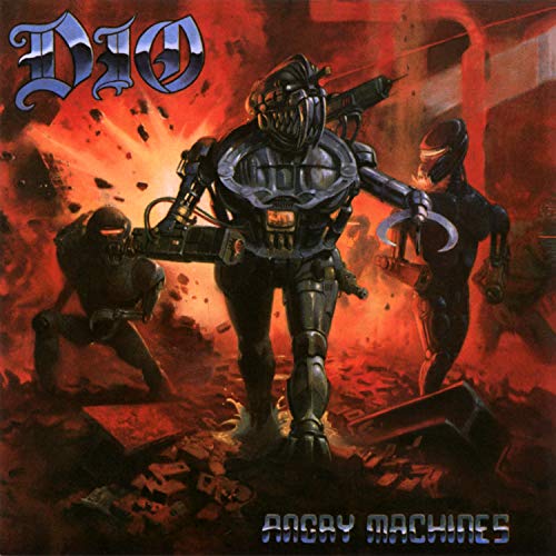 "Dio - Angry Machines" vinyl album cover featuring robotic figures in a post-apocalyptic scene.