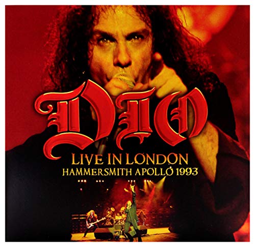 Ronnie James Dio portrait with band performing live on vinyl album cover.