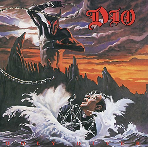 Dio Holy Diver album cover with man in water and devil creature above.