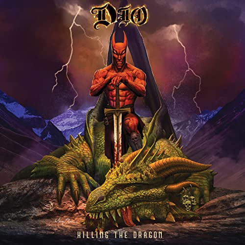 A red demon stands over a fallen green dragon with a sword in a landscape.