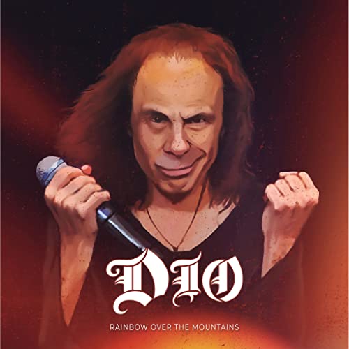 Ronnie James Dio portrait with microphone and album title "Rainbow Over The Mountains".