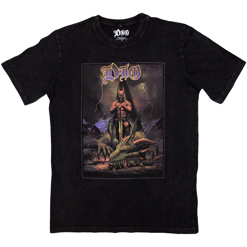 Stone wash t-shirt with a graphic of Ronnie James Dio slaying a dragon.