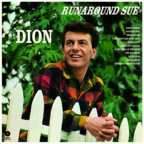 Album cover for Dion's "Runaround Sue" featuring a young man in plaid.