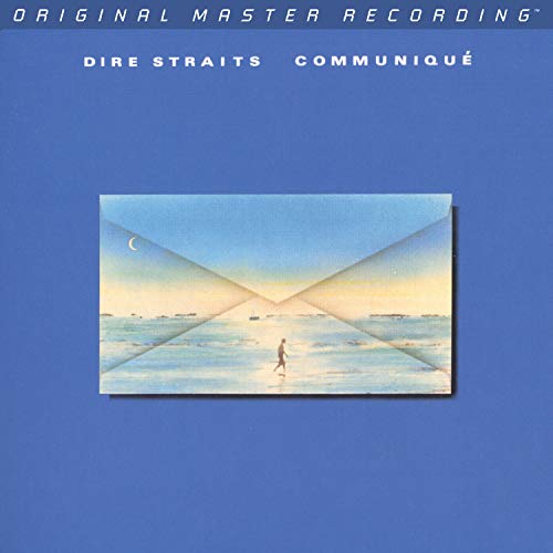 Dire Straits’ Communiqué album cover: blue background, beach scene in envelope.