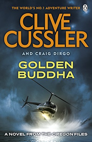 Book cover: “Golden Buddha” with a helicopter flying over water.