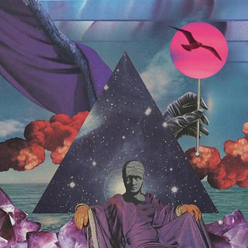 Surreal collage with a figure, pyramid, and bird against a cloudy sky.