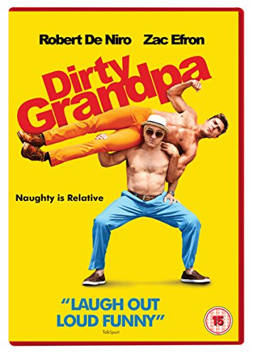 Robert De Niro carries a shirtless Zac Efron on his shoulders against a yellow background.