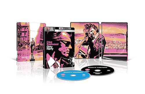 Dirty Harry" 4K Blu-ray case with discs and Clint Eastwood’s portrait.