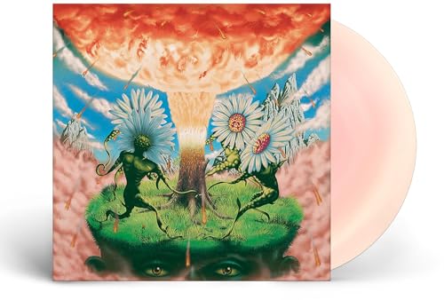 Vinyl record with pink disc and surreal art featuring daisy-headed figures and explosions.