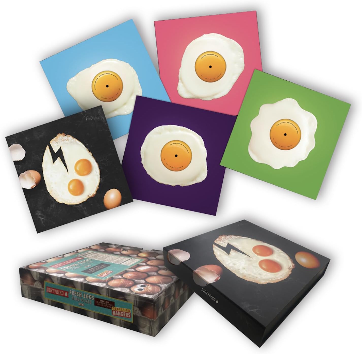Vinyl record set with egg and lightning bolt imagery, in colorful sleeves.