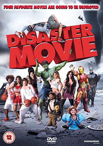 Disaster Movie" DVD cover featuring costumed figures amidst chaotic destruction.