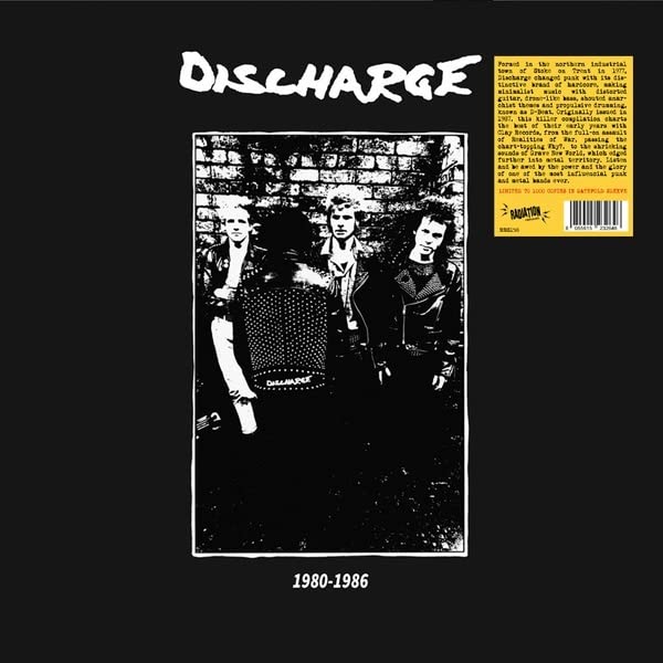 Black and white vinyl record cover for Discharge’s 1980-1986 compilation.
