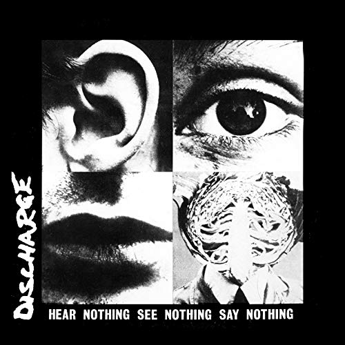 "Black and white album cover with close-ups of ear, eye, mouth, and gagged man."