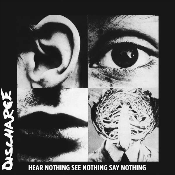 Black and white album cover featuring a grid of an ear, eye, mouth, and cabbage.