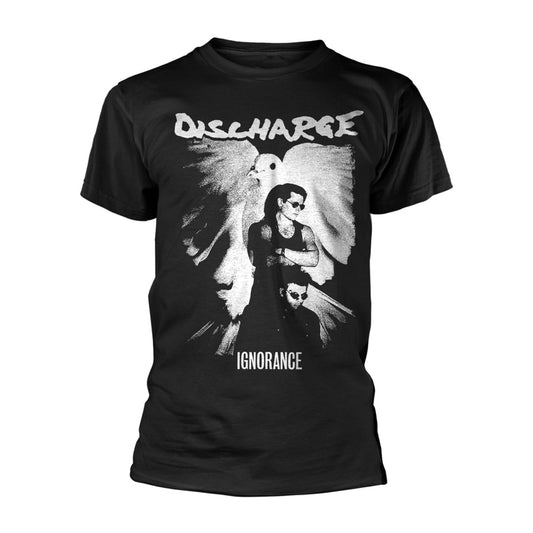 Black t-shirt with distressed, monochrome graphic of figures and text.