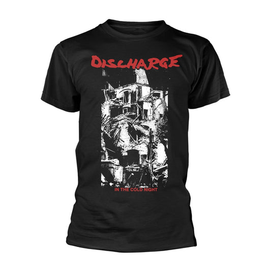Black t-shirt with white and red graphic of ruins and text.