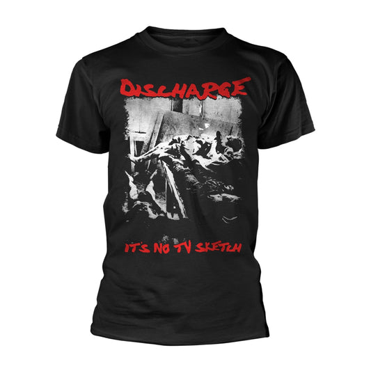 Black t-shirt with "DISCHARGE" and chaotic imagery printed on front.