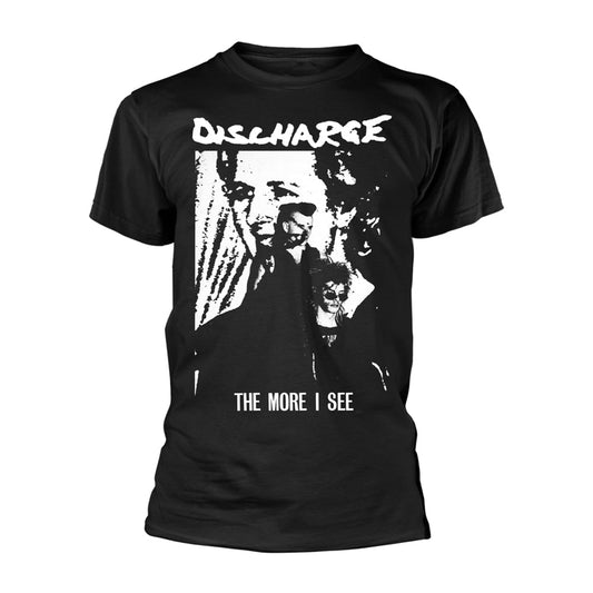 Black t-shirt with a distressed band image and text: "DISCHARGE - THE MORE I SEE".