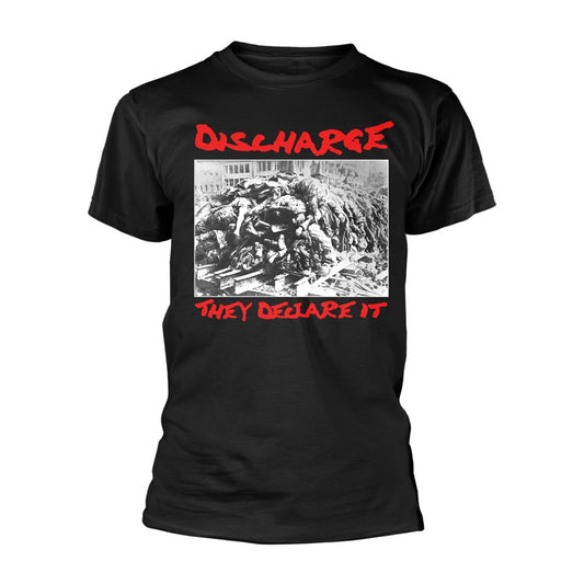 Black t-shirt featuring red text and a black and white image of rubble.