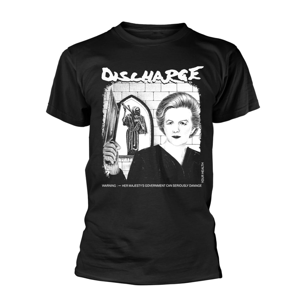 Black t-shirt with graphic of Margaret Thatcher and a syringe.