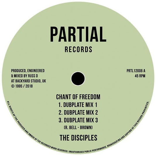 Pale green vinyl record label with black text: "The Disciples - Chant Of Freedom.