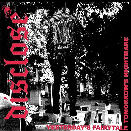 Record cover: person in a studded jacket walking away in a graveyard.