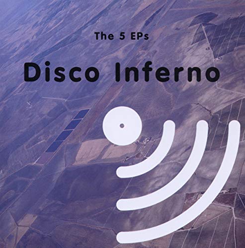 “Disco Inferno - The 5 EPs” CD cover with abstract aerial landscape.