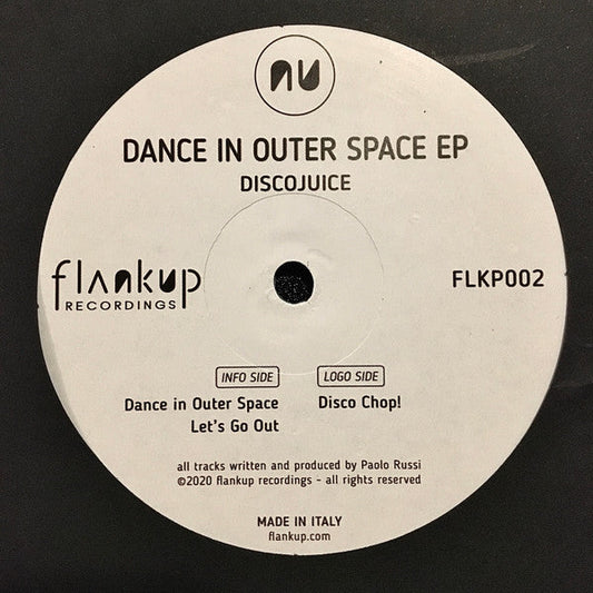 White vinyl record label with black text: "Discojuice - Dance In Outer Space EP".