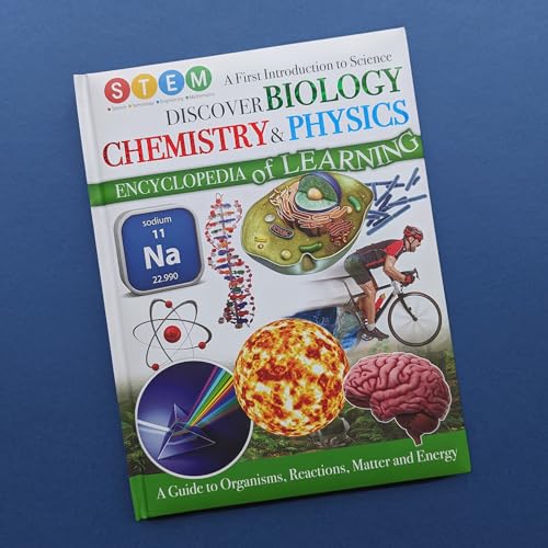 Book cover with science illustrations: DNA, brain, sun, cyclist, atom.