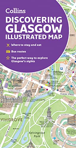 An illustrated map of Glasgow featuring street names, landmarks, and a purple title overlay.