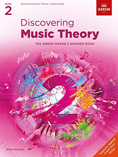 Front cover of ABRSM Discovering Music Theory Grade 2 answer book with pink background.