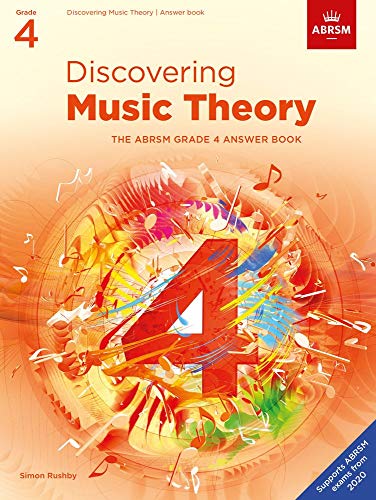 Cover of Discovering Music Theory Grade 4 answer book with abstract orange musical graphics.