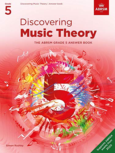 ABRSM Grade 5 Music Theory answer book cover with abstract red and colorful musical graphics.