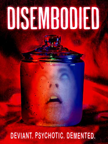 Horror movie poster: a face in a jar, red and blue lighting.