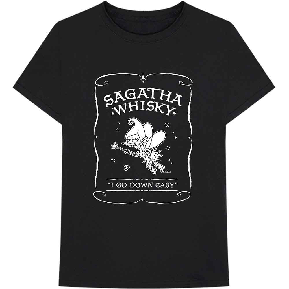 Black t-shirt with white "Sagatha Whiskey" logo and cartoon illustration.