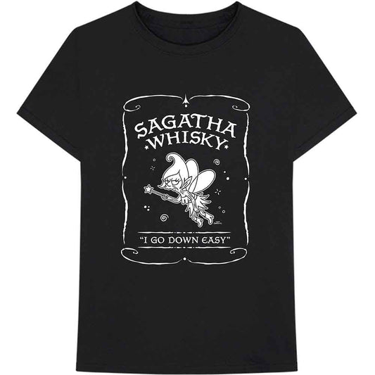 Black t-shirt with white "Sagatha Whiskey" logo and cartoon illustration.