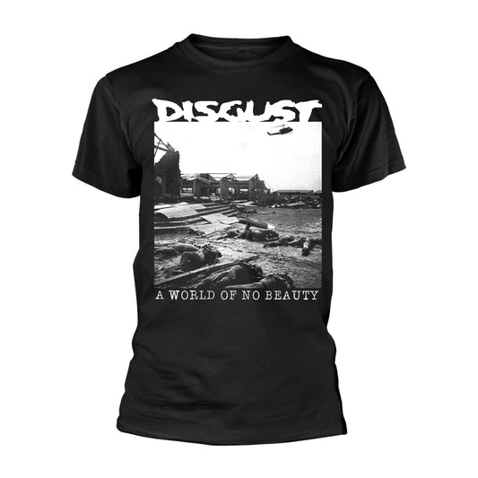 Black t-shirt with band logo and grayscale image of ruins.