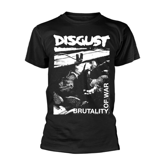 Black t-shirt with white "Disgust" band logo and war imagery.
