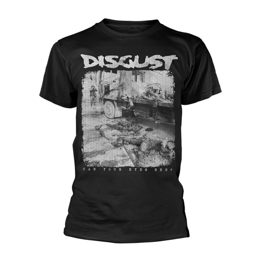 Black t-shirt with "Disgust" band logo and wartime imagery print.