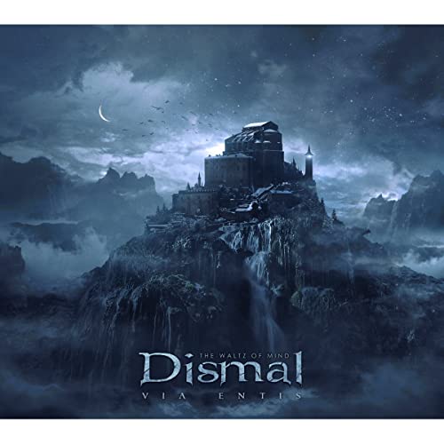 Dark castle on a rocky peak under a crescent moon and stormy sky.