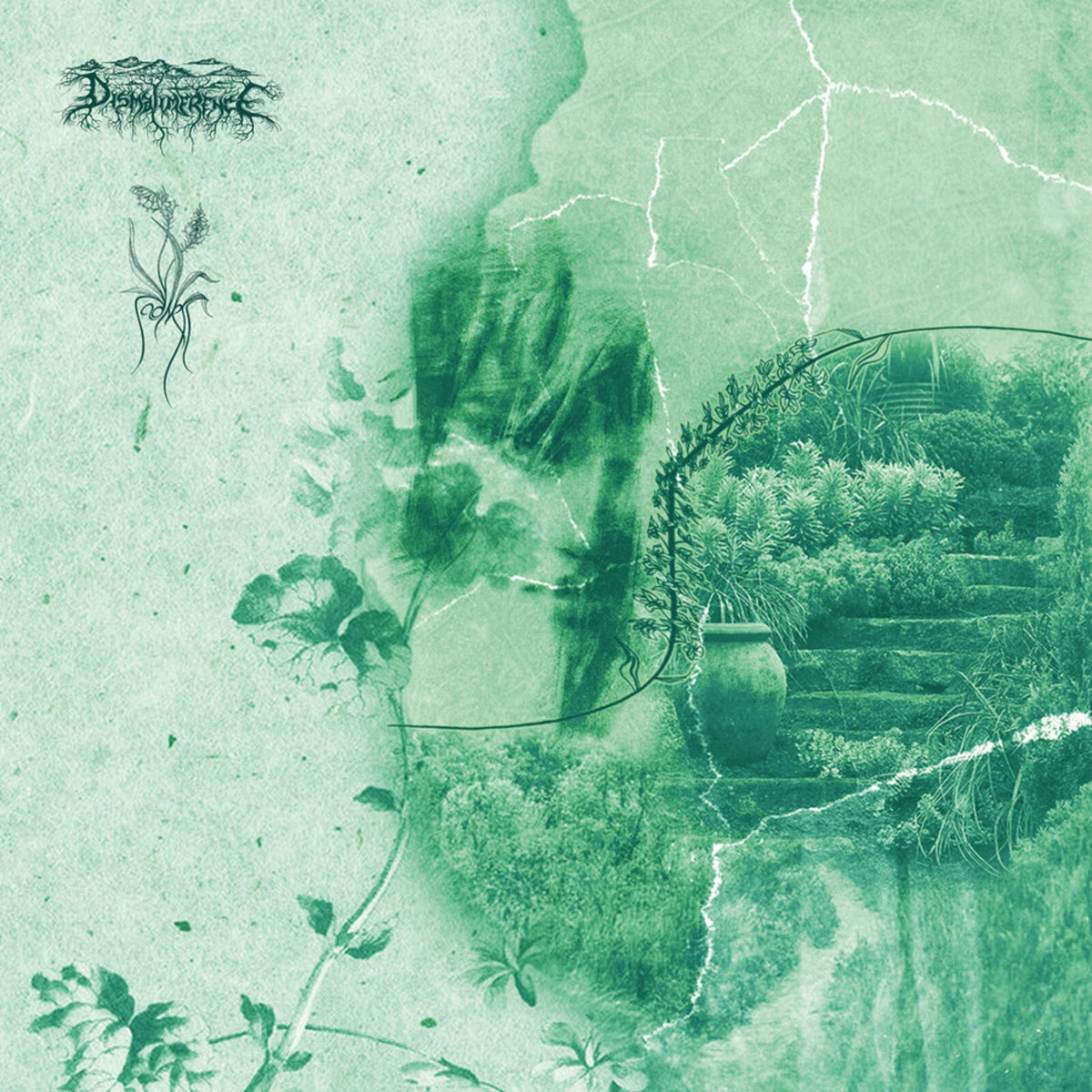 Green-toned album cover with a face, plants, and cracked texture.