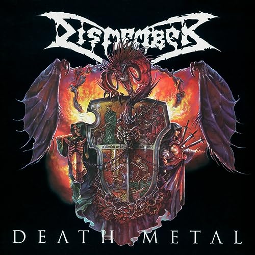 Dismember album cover: demonic figure, shield, and ornate lettering in fiery hues.
