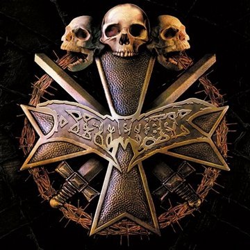 Metal band Dismember’s album cover featuring skulls, swords, and barbed wire.