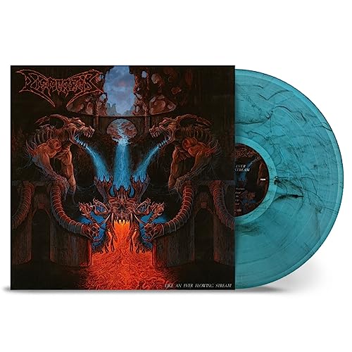 Album cover with demonic art and a matching marbled blue vinyl record.