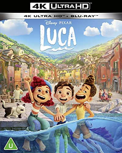 Luca" Blu-ray cover featuring three animated children by a coastal town.