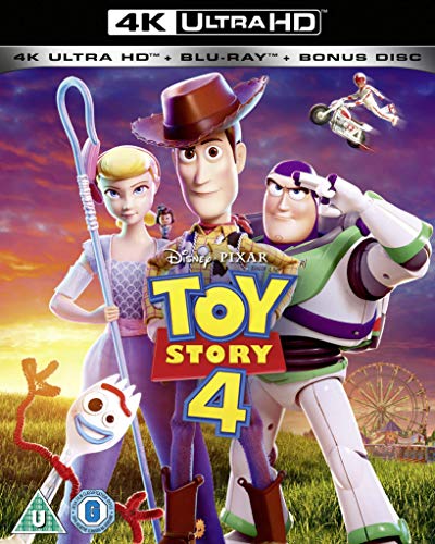 Toy Story 4 Blu-ray cover featuring Woody, Buzz, Bo Peep, and Forky.