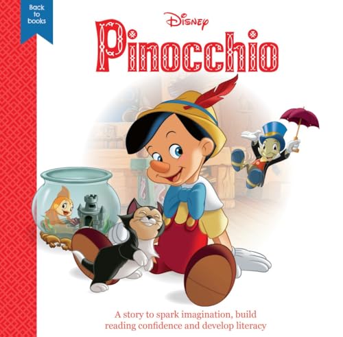 Disney’s Pinocchio book cover featuring the puppet with Jiminy Cricket.