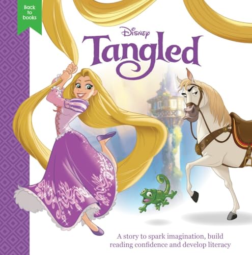 Rapunzel, Maximus the horse, and Pascal the chameleon on a Disney Tangled book cover.